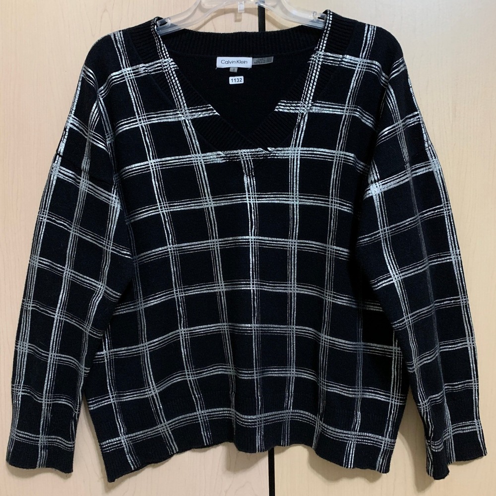 Calvin Klein Womens Relaxed V-Neck Long Sleeve Sweater Silver Windowpane Black L